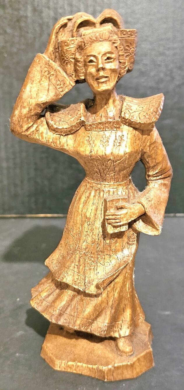 Vintage Wood Carved Figurine Woman Made In France Label.